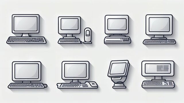 Illustration of eight vintage computer setups with monitors and keyboards on a white background