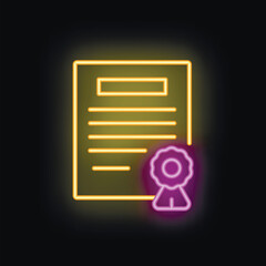 Poster - Glowing neon icon of official certified document with stamp and ribbon on a black background