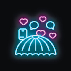Poster - Neon icon representing online dating with a smartphone, hearts, and speech bubbles over a world grid