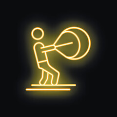 Poster - Neon sign of an athlete pushing a heavy stone ball during training, a concept for strength and determination