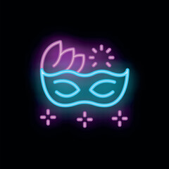 Poster - Vibrant neon sign depicting a carnival mask adorned with feathers and sparkles, perfect for party or celebration themes