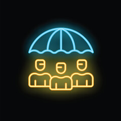 Poster - Neon icon of an umbrella protecting business people from a rainstorm, a concept for insurance and security