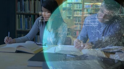 Poster - Study partners grasping pens noting in library while educational globe fading code overlay spinning