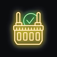 Poster - Neon sign of a yellow shopping basket with a green check mark, indicating a completed purchase or a successful online order