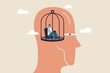 © Sector30 - Struggle prison mind, fixed mindset trapped inside psychology, stressed anxiety or overworked, slavery, despair prisoner or depression concept, businessman trapped inside birdcage on human head brain.