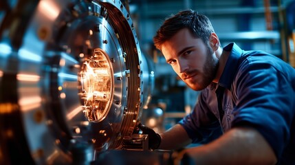 Poster - Young engineer working on advanced machinery in a high-tech laboratory during the evening