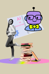 Poster - Poster image artwork pop collage of happy teenager schoolgirl stand open notepad cartoon robot ai app book literature subject