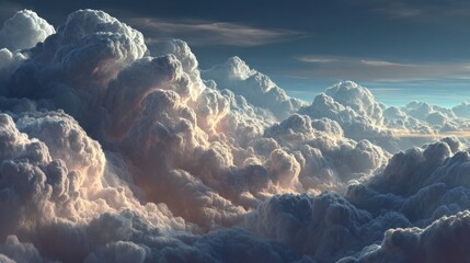 Poster - Majestic view of cumulus clouds formation at high altitude during sunset, showing ethereal beauty in the sky