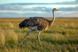 © IvyBridge - An ostrich runs across the grassland, bathed in soft sunlight