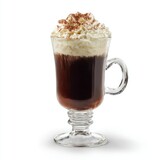 Delicious irish coffee with whipped cream and chocolate shavings in a glass mug isolated on white background