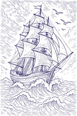  Sailing ship in rough sea drawn in vintage nautical line art style