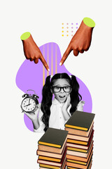 Poster - Sketch composite 3D collage of finger point gesture young girl shocked hold pile book clock hurry lesson pupil classroom knowledge autumn
