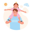 © Flash Vector - Happy girl sitting on smiling daddy neck. Spending beautiful family time together, daughter sitting on shoulders flat vector illustration