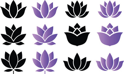Poster - Stylish lotus flower vector illustrations in black and purple gradients for various designs