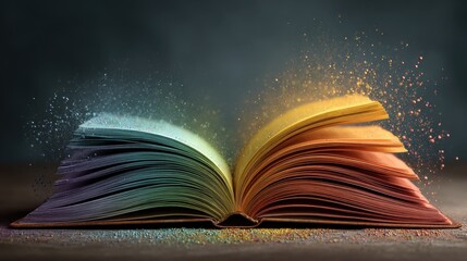 Poster - Open colorful book with magical sparkles evoking knowledge and imagination on a table against a dark background