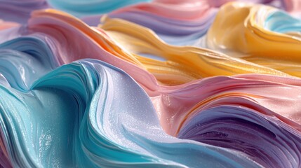 Poster - Flowing creamy texture featuring pastel colors blue, purple, pink, and yellow creates a visually appealing abstract surface for backgrounds
