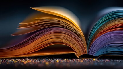 Poster - Open colorful book with magical sparkles evoking knowledge and imagination on a table against a dark background