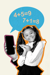 Poster - 3d sketch image vertical collage of happy preteen schoolgirl stand hand hold phone screen bubble math subject ai help answer