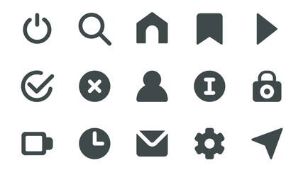 Poster - Interface essential glyph icons pack for web design. Solid icon set with basic buttons, power on off, search, home, bookmark, play, approval, decline, info and more pictograms. Vector illustration.