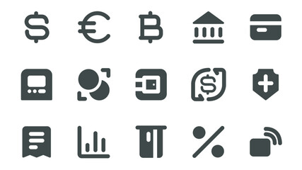 Aufkleber - Payments and finance glyph icons pack for web design. Solid icon set with dollar, euro, bitcoin, bank, banking, credit card, currency exchange, safe, shield and more pictograms. Vector illustration.