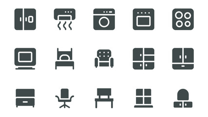 Poster - Furniture glyph icons pack for web design. Solid icon set with refrigerator, air conditioner, washing machine, stove, hob, computer, bed, armchair, cabinet and more pictograms. Vector illustration.