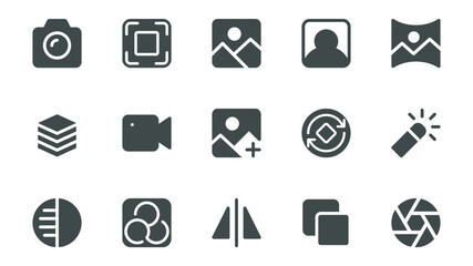 Poster - Photo edit glyph icons pack for web design. Solid icon set with camera, picture, portrait, album gallery, image, lens, video film, retouch, correction tool and more pictograms. Vector illustration.