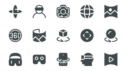 Poster - Virtual reality glyph icons pack for web design. Solid icon set with panoramic view, augmented simulation, VR headset, 360 degree vision, online video gaming and more pictograms. Vector illustration.