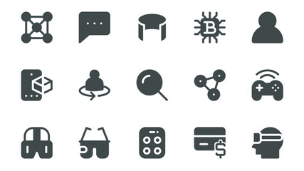 Poster - Metaverse glyph icons pack for web design. Solid icon set with cyberspace, online connection, simulation, computer, avatar, bitcoin, cyber game, vr glasses and more pictograms. Vector illustration.
