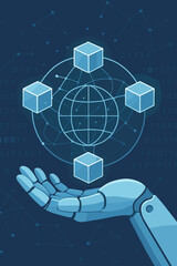Fototapete - Blockchain technology concept with AI. Robot hand holds abstract global network with data blocks. Internet security, cryptocurrency, fintech innovation with binary code vector.
