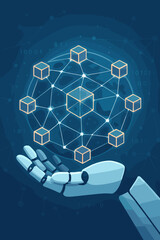 Fototapete - Blockchain technology concept. AI robot hand holding abstract global network of blocks. Data security, fintech, cryptocurrency, web3, and decentralized digital transaction.