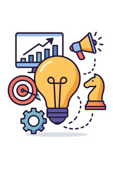 Poster - Business strategy and digital marketing concept. Creative idea lightbulb, growth analytics graph, promotion megaphone, target goal, chess tactics. Modern flat vector cartoon illustration.