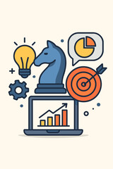 Poster - Business strategy and digital marketing concept. Vector illustration with chess knight for planning, target for goals, lightbulb for ideas. Laptop with growth chart for data analysis.