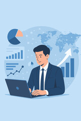 Poster - Businessman Analyzing Data on Laptop, Global Network Connection, Digital Marketing, Data Science, Business Growth, Investment, Financial Analytics, Technology, Charts, Graphs, World Map