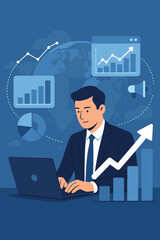 Poster - Businessman Analyzing Growth Data on Laptop, Digital Marketing, Data Science, Investment, Global Network, Business Technology, Financial Analytics, Chart, Graph, Success, Market Trends