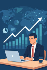 Poster - Businessman Analyzing Global Data Growth, Digital Marketing, Technology, Investment, Financial Analytics, Bar Graph, Rising Arrow, Laptop, Network Connection, Business Success Concept
