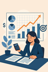 Poster - Businesswoman analyzing financial data, calculating company investment growth, planning business strategy, reviewing economic charts, finance balance, target achievement, office management concept