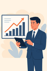 Poster - Businessman in suit using digital tablet analyzing financial data, sales growth, bar chart, upward trend, economic progress, business analytics, corporate strategy, flat vector illustration