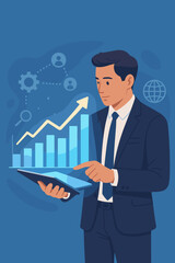 Poster - Businessman in suit using digital tablet to analyze sales data, economic growth bar chart, upward arrow, global network icons, business strategy, technology, innovation, customer connection