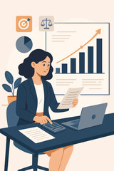 Poster - Businesswoman analyzing financial data, calculating investment growth, planning business strategy, setting company targets, economic analysis, finance balance, corporate goal achievement concept