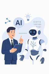Fototapete - Businessman interacting with AI chatbot robot, artificial intelligence technology, smart robot assistant, digital innovation, futuristic communication, business technology concept