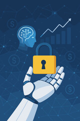 Fototapete - Artificial Intelligence Cyber Security Concept. Robotic Hand Holding Padlock Protecting Business, Finance, Data Privacy on Digital Network. Innovation, Machine Learning, Secure Technology, Encryption