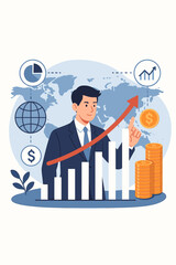 Poster - Global business investment growth concept. Investor analyzing financial graph, planning strategy, network, profit, return, risk management, success, international economy, finance, world market