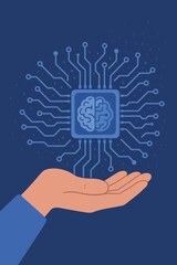 Fototapete - Hand Holding Artificial Intelligence Microchip Circuit, Brain Technology, Machine Learning, Big Data Analytics, Digital Network, Smart Innovation, Futuristic AI Solution, Human Tech Integration