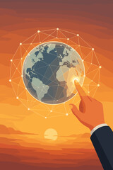 Aufkleber - Businessman Hand Touching Global Network Sphere at Sunset, Digital Data Exchange, Worldwide Connectivity, Innovation, Science, Business Networking, Technology Communication Concept