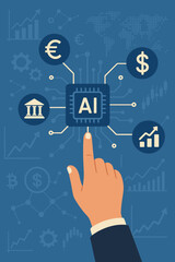 Aufkleber - Artificial intelligence fintech innovation concept. Hand touching AI chip connects banking, currency exchange, stock market trading, investment, finance technology, global economy, digital network