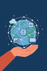 Fototapete - Hand Holding Globe with Global Network Connecting Data, Digital Technology, Cloud Computing, Artificial Intelligence, Machine Learning, Smart Information, Innovation, Future Transformation