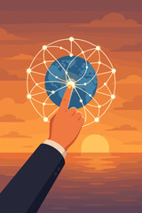 Poster - Businessman Hand Touching Global Network Connection, Digital Data Exchange, Worldwide Communication, Innovation, Technology, Internet Connectivity, Science Concept at Sunset Over Ocean
