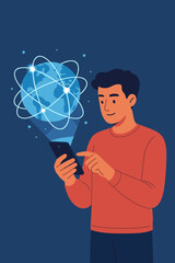 Poster - Man using smartphone with global network connection. Digital communication technology, global connectivity, internet access, innovation, wireless data transfer, modern vector illustration