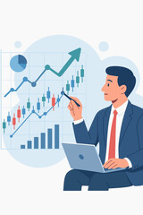 Poster - Businessman Analyzing Stock Market Data with Laptop, Financial Graphs, Candlestick Chart, Bar Graph, Pie Chart, Investment Strategy, Market Growth, Economic Report, Trading Analysis Concept