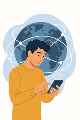 Poster - Man Using Smartphone with Global Network Connection. Digital Communication, Wireless Technology, Internet Connectivity, Social Media, Worldwide Online Access, Modern Flat Vector Illustration